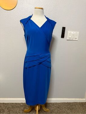 374-Cache Cobalt Blue Cap-Sleeve Faux-Wrap Midi Dress